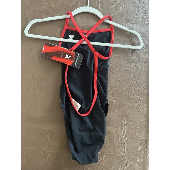TYR Durafast Youth Solid Ringback 1pc Piece SwimSuit Black Red Trim Girls Sz 8 - Picture 2 of 4